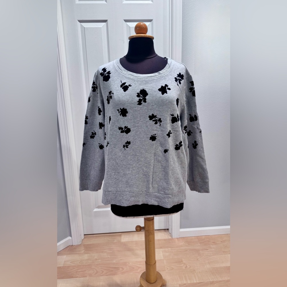 EUC Talbots Gray Sweatshirt with Black Floral Flock, size XL
